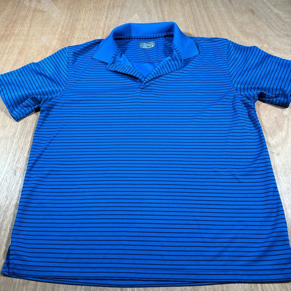 Champions Tour Polo Shirt Mens L Blue Black Striped Ribbed Golf Short Sleeve Top